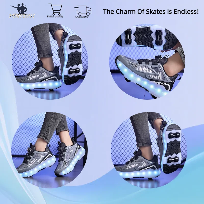 Teenage Girls Skates Luminous Student Children\'s 4 Wheel Dual-use Detachable Roller Skates Outdoor Leisure Wheeled Sports Shoes