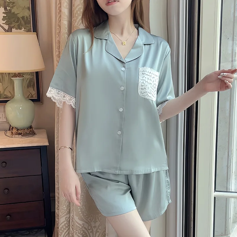 Ice Silk Sleepwear Women Summer Pajamas Sets Short Sleeve Shorts Lace Suit Thin Loungewear Kawaii Clothes Korean Nightwear Solid