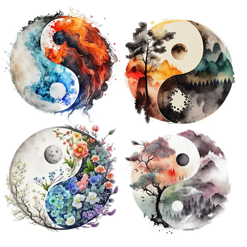 Water and Fire Tai Chi Yin-Yang DTF Thermo Sticker Decals Heat Transfer On Clothes Iron On Patch For Hoodies Press Man & Woman