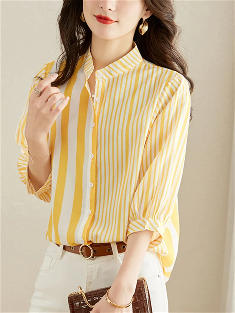 #3227 Yellow Vertrical Striped Shirts Women Stand Collar Sexy Three Quarter Sleeve Womens Tops And Blouses Thin Loose Summer