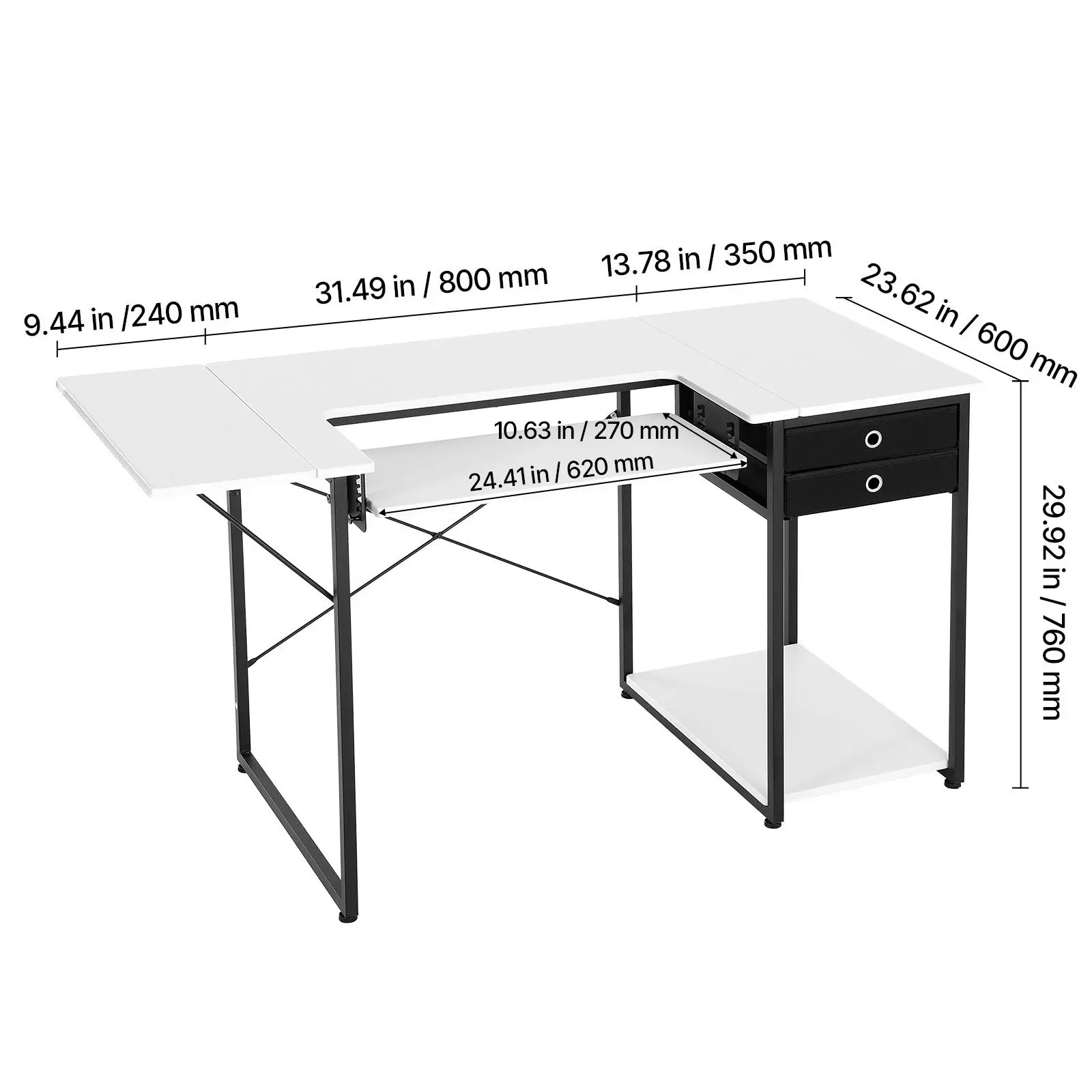 Sewing Table, Multipurpose Machine with Drawers, Foldable Side Shelf, Adjustable, Steel Legs, Computer Desk for Home, Fashion