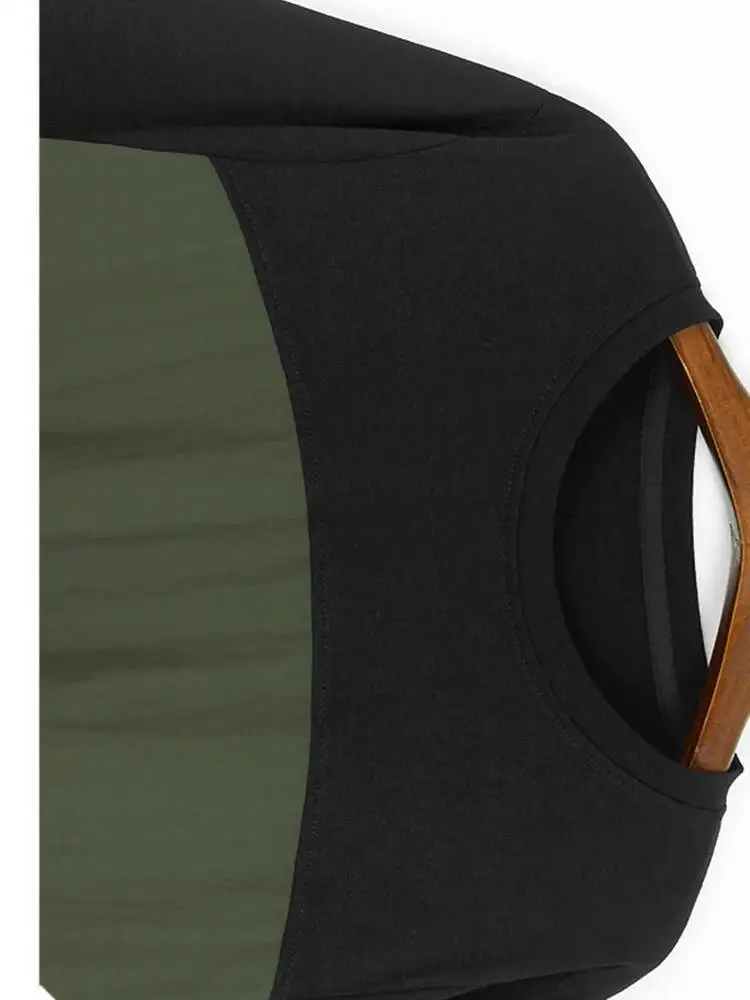 Women Green Pocket Color-block Big Size Midi Dress New Round Neck Long Sleeve Fashion Tide Spring Autumn