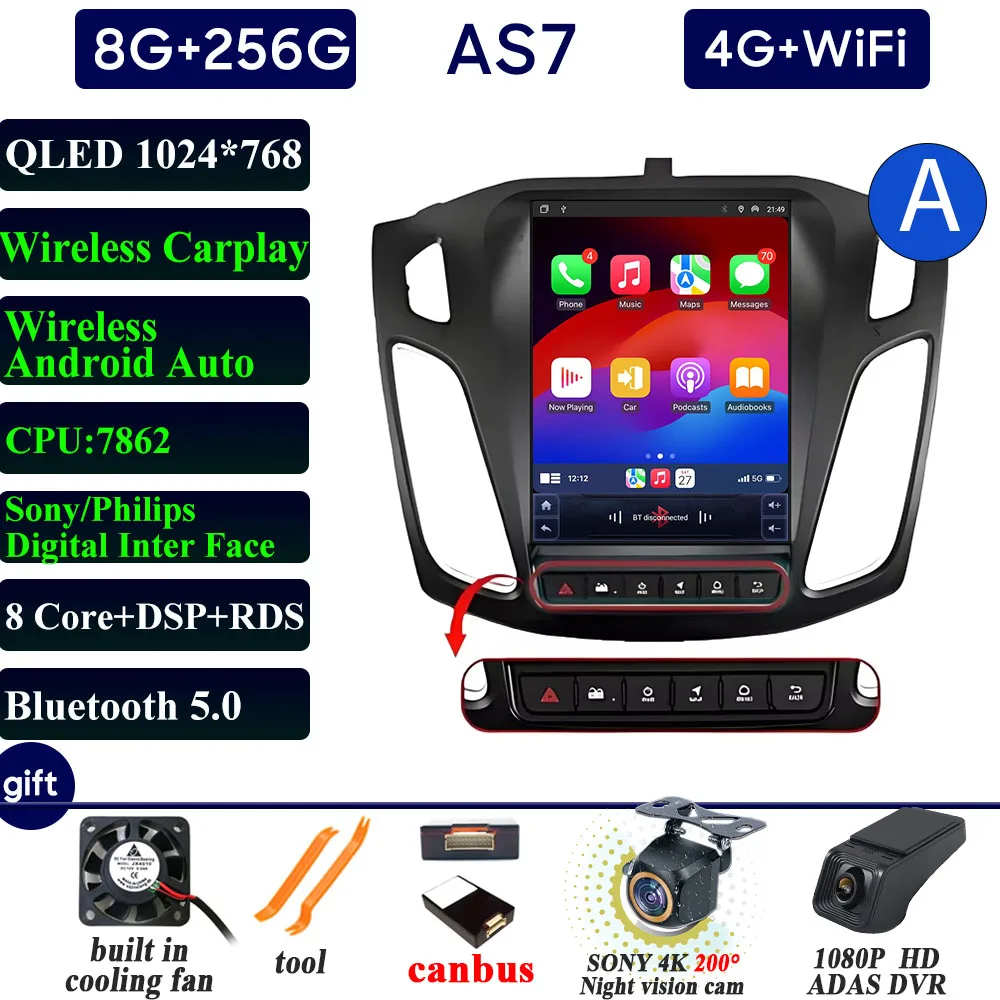 Autoradio Carplay 9.7 Inch Voor Ford Focus 3 Mk3 2011 2012-2019 Navigatie GPS Android Auto Android 15 5G Wifi Unit Geen 2din DVD