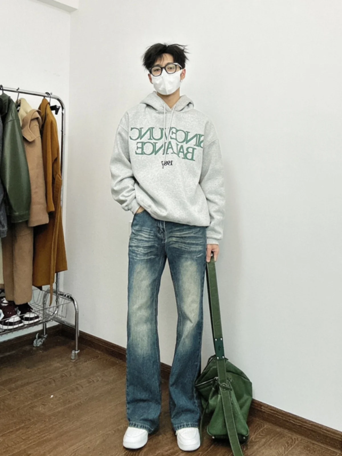 

Cleanfit Vintage Blue Jeans Men's Spring Autumn American High Street Slim Elastic Trendy Micro Flared Straight Leg Pants