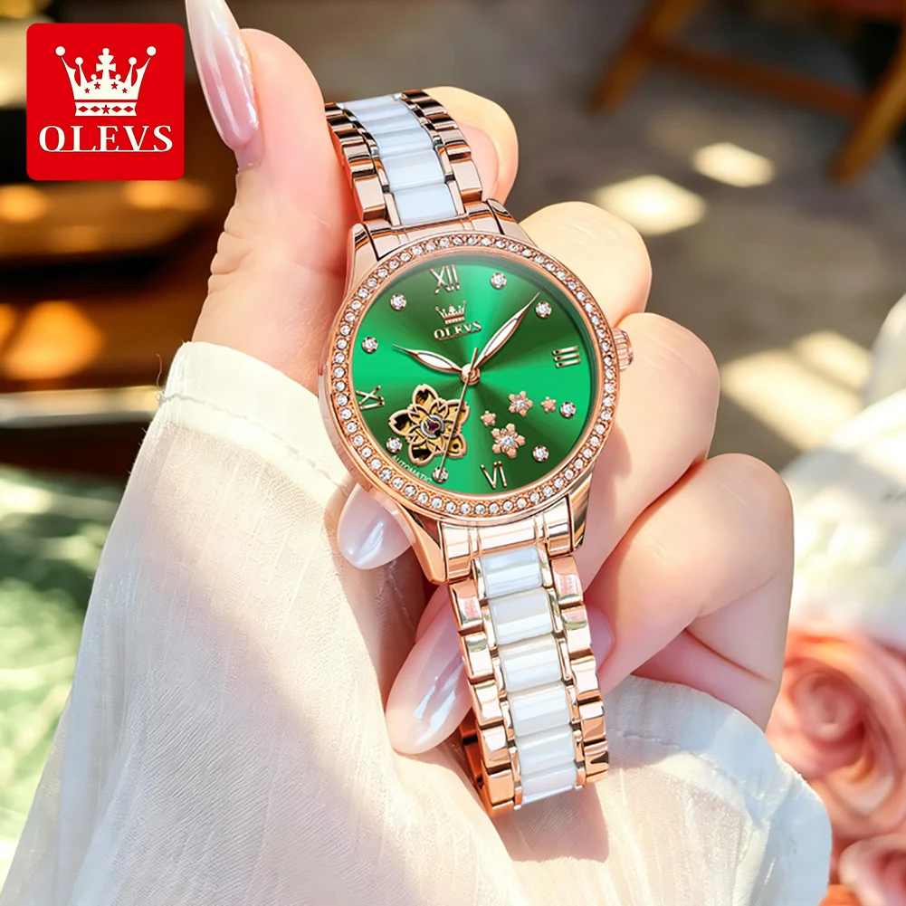 OLEVS Luxury Original Watch For Women Mechanical Woman Watch Waterproof Super Luminous Ceramics Ladies Clock Diamond Bezel 7074
