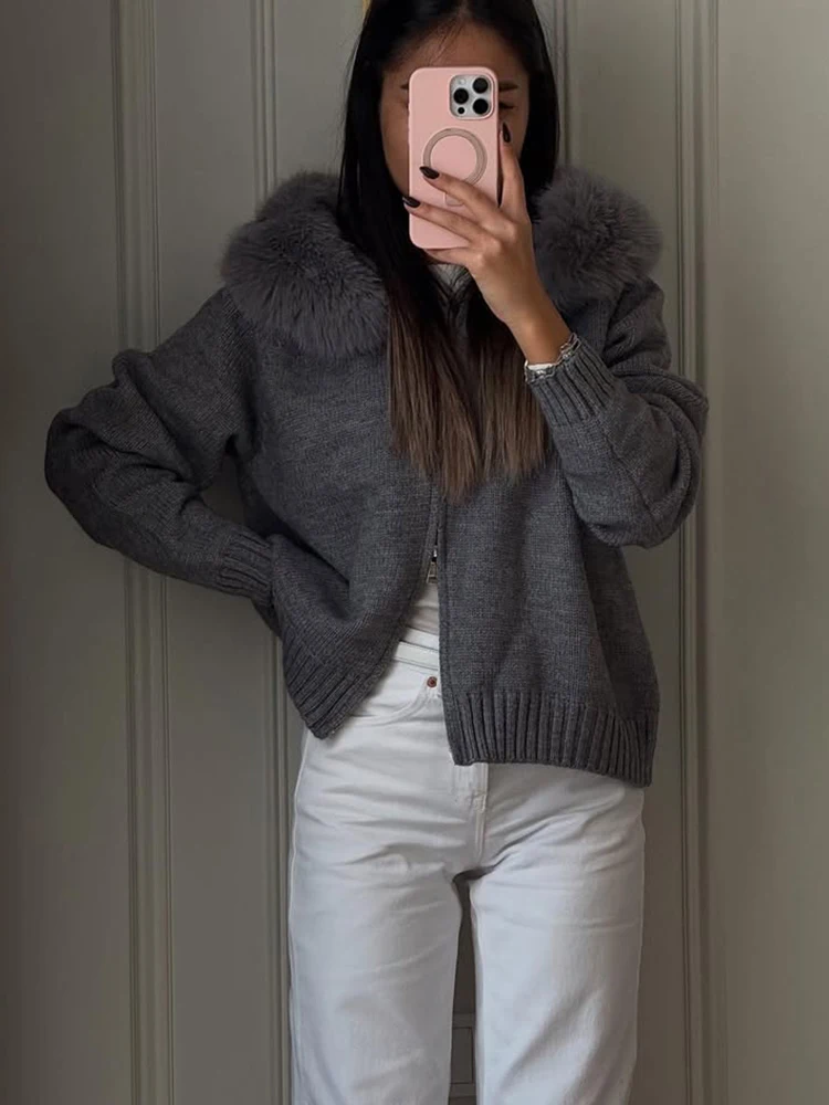 Talenza Hooded Oversized Cardigan Women 2026 Autumn Faux Fur Sweater Female Solid Fake Fur Knitting Coat Fashion Loose Knitwear