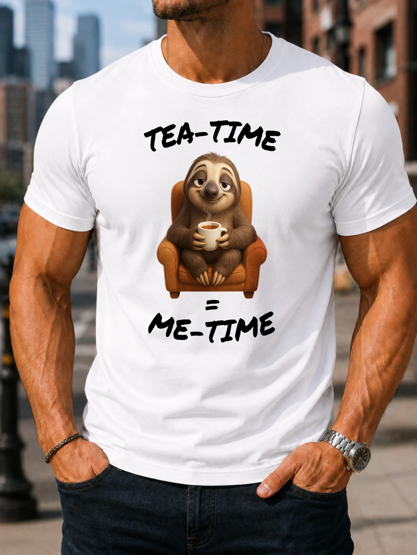 Tea Time equals Me Time with smiling sloth relaxing in an arm graphic with vivid centered artwork  Unisex All T-Shirt