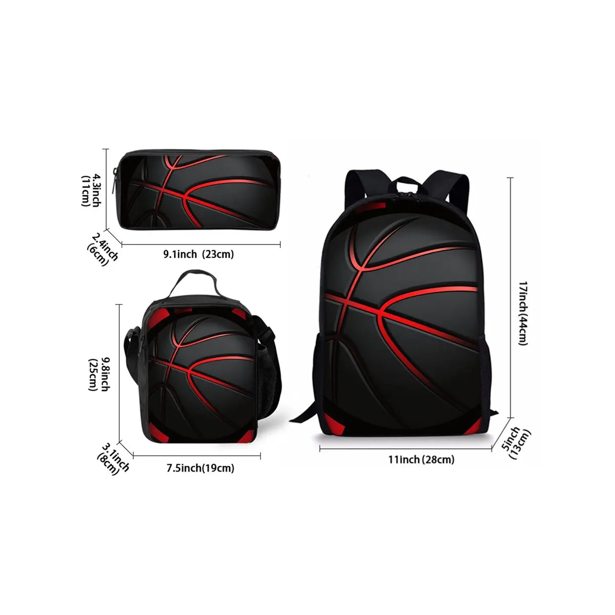 Basketball Print Three Piece Backpacks Set for Boy and Girls Best Gifts 2D Flat Cartoon School Bag for Children