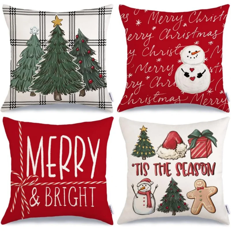 

Christmas Pillow Covers Set of 4 Xmas Trees Red Merry Bright 'Tis The Season Throw Pillowcases Farmhouse Cushion Cases