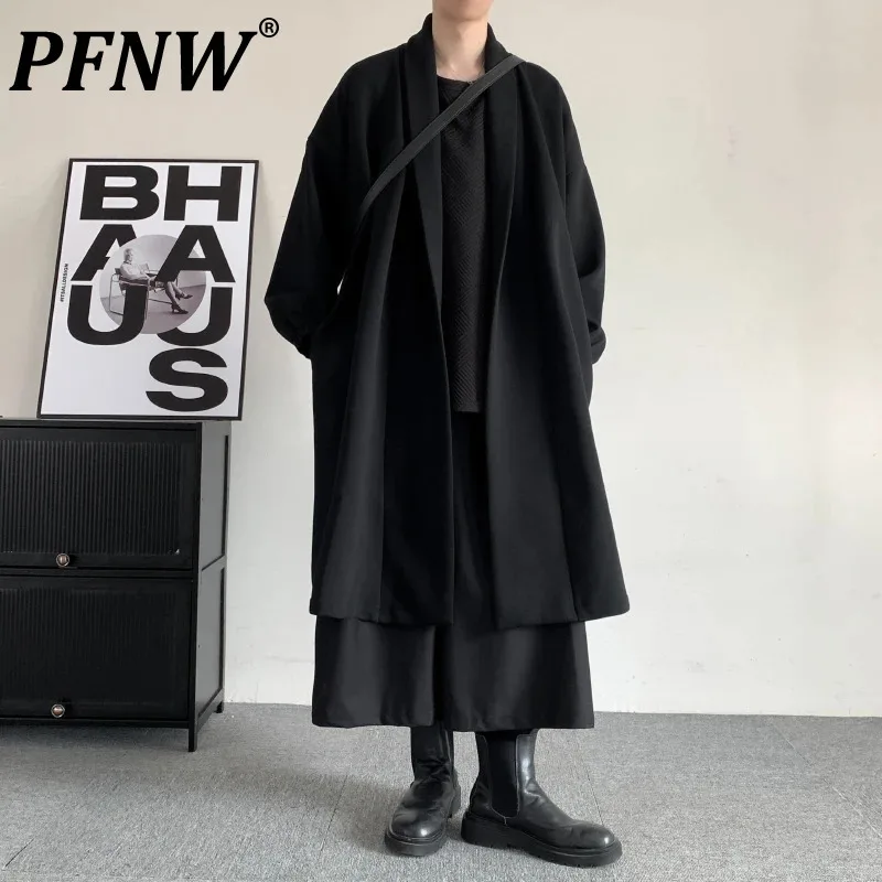 

PFNW Dark Style Men's Cardigan Punk Tide Plush Thicken Mid Length Male Windbreaker Fashion Trench High Street Coat 12Z6378