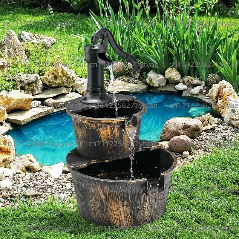 landscape decoration fountain double-layer plastic imitation wooden barrel solar fountain running water