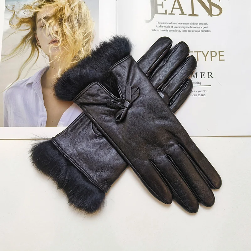 New Women's Sheepskin Gloves Rabbit Fur Warm Velvet Lining Driving Gloves