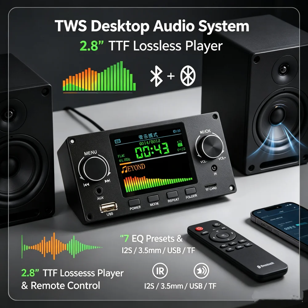 2.8 inch TFT Color Screen Bluetooth Lossless Audio Decoding Board 2*5W MP3 Module 2 CH Support I2S Digital Audio Player DC 5-12V