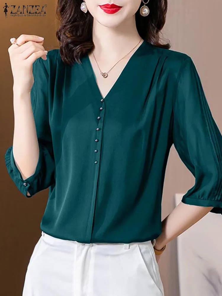 ZANZEA Office Lady Tops Summer Solid Satin Blouse Women Fashion V Neck Short Sleeve Blsuas Elegant OL Work Shirt Loose Chemise