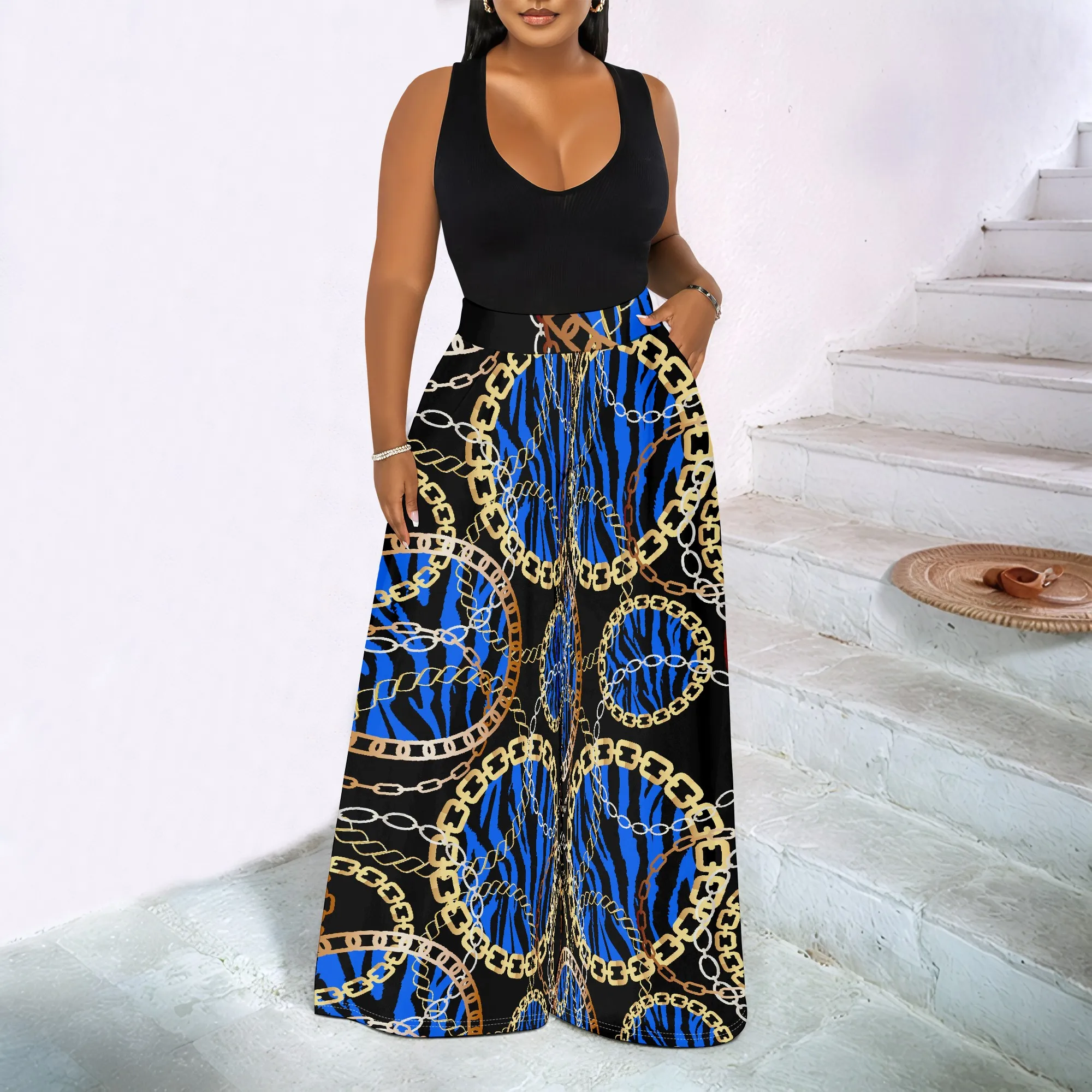 Women's Spring and Autumn Fashion Printed Retro Pocket Pants, Casual Home Pants