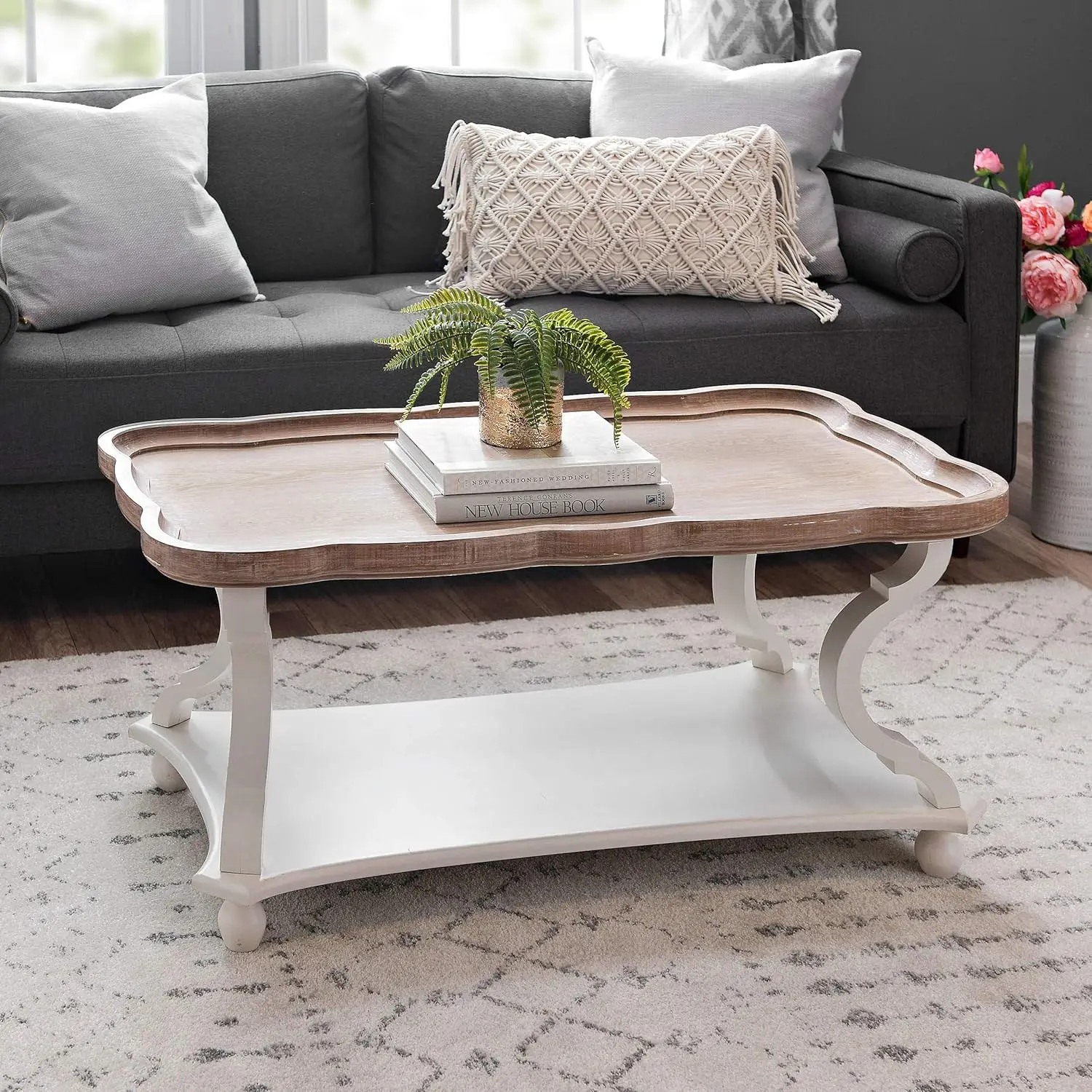 Rustic Farmhouse Coffee Table, Natural Tray Top Sofa Table for Family, Dinning or Living Room, Small Spaces,