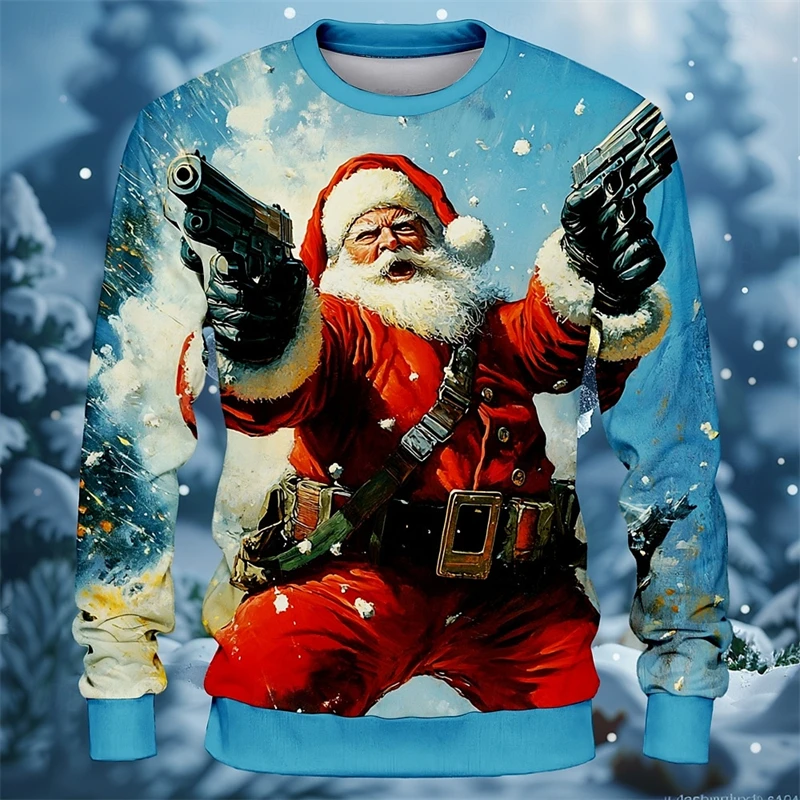 Trend Santa Claus With Gun Graphic Sweatshirts Fashion Long Sleeve Mens 3D Printed Crew Neck Hoodies Cool Streetwear Pullovers