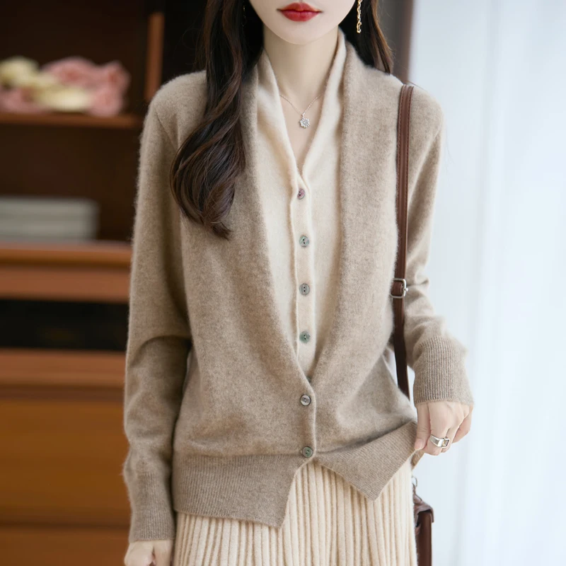 

100% Merino Wool V-Neck Fake Two-Piece Pullover Long-Sleeve Fashion Casual Sweater Women Autumn Winter Soft Warm Cashmere Knit