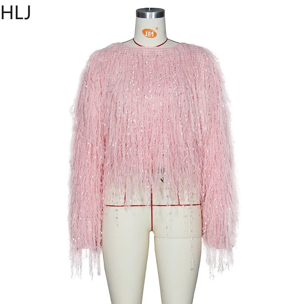 HLJ Fashion Streetwear Women Tassel Knitting Round Neck Long Sleeve Sweater Autumn Casual Solid Color Matching Pullover Top 2023