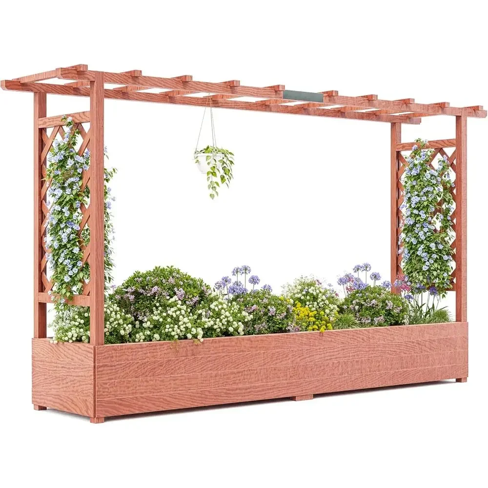 Elevated Garden Bed with Arch Trellis, Hanging Planter, Side Trellis, 4 Drainage Holes, 79x17x45