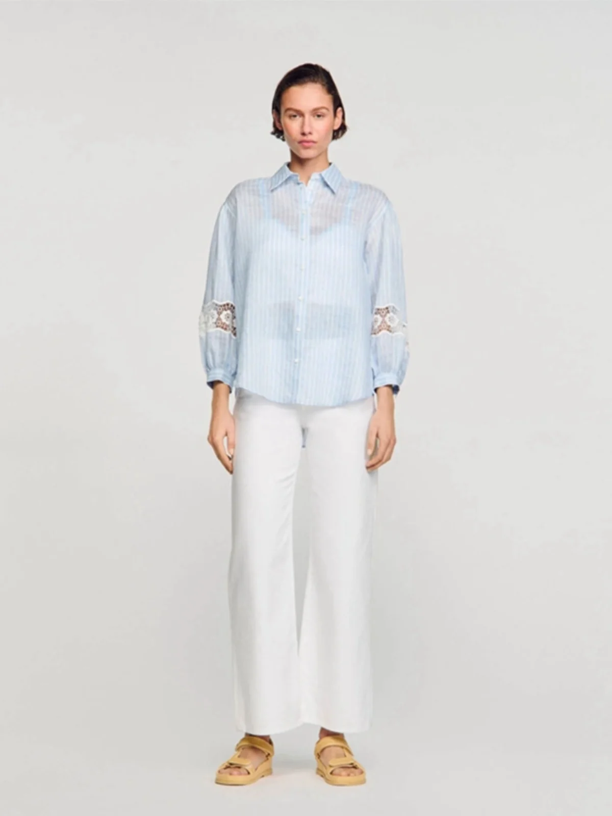 루즈핏 린넨 롱 스웨트셔츠 여성용 봄 여름 스트라이프 캐주얼 스웨트셔츠 스퀘어 칼라 어깨 릴렉스 슬레 OL 출퇴근용