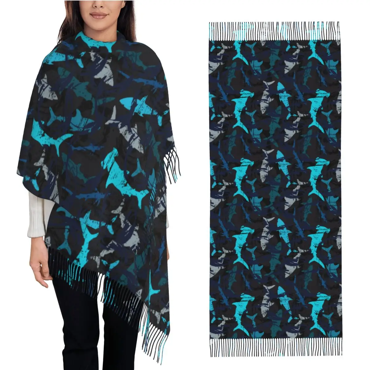 

Tassel Scarf Shark Vintage Underwater World Ocean Sea Marine Organism Large Winter Warm Shawl and Wrap Gifts Cashmere Scarf