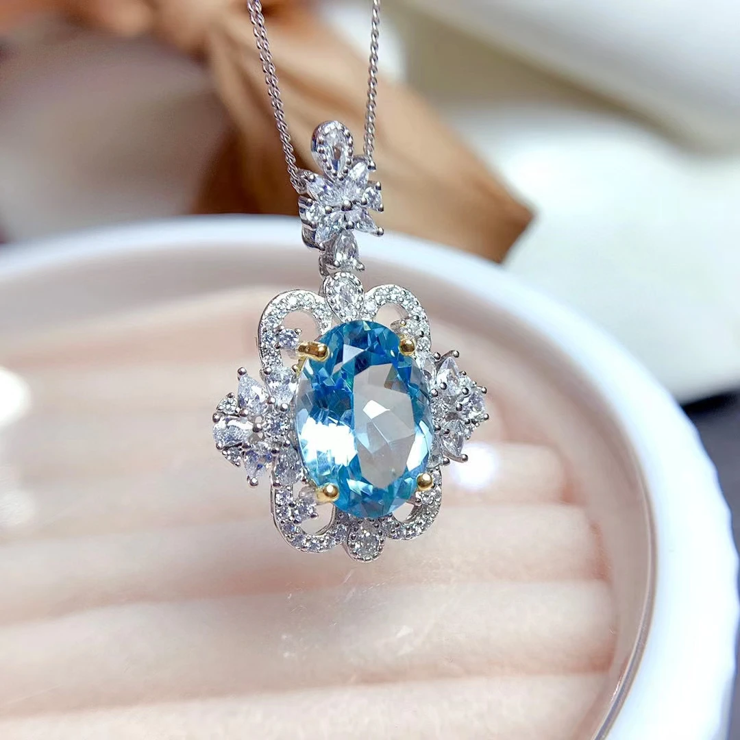 

Vintage Silver Topaz Necklace Pendant for Party 6ct 10mm*14mm Natural Light Blue Topaz Pendant