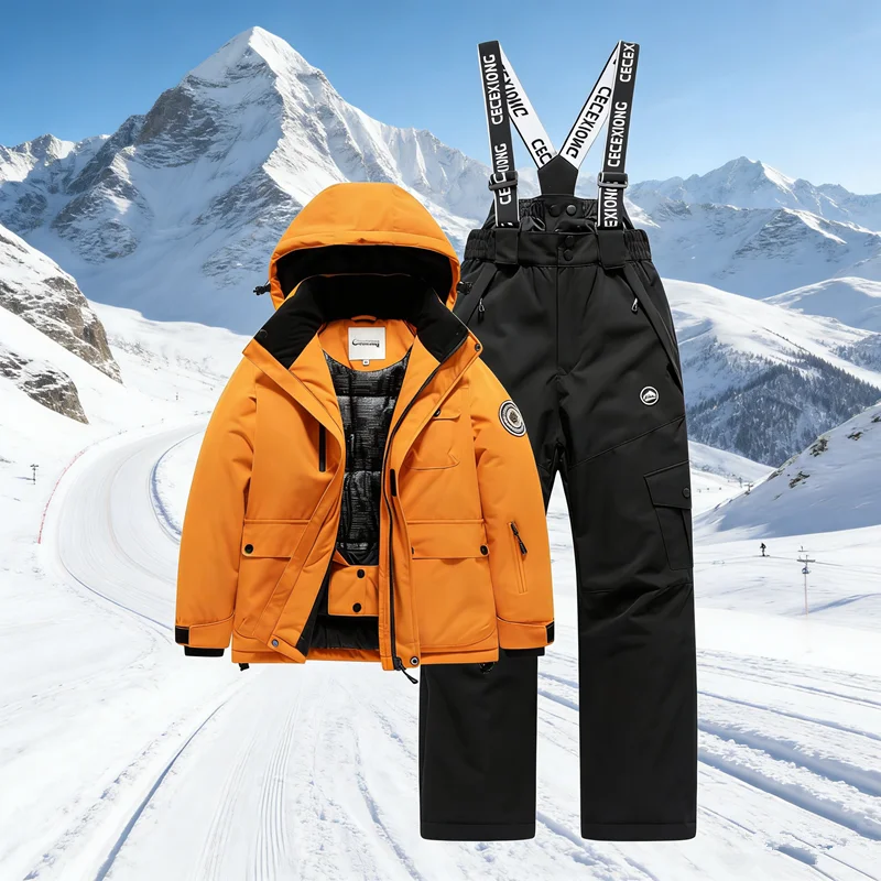 

Children's Ski Suit Set, Girls' Outdoor Thick Waterproof, Windproof, Warm, Boys' and Babies' Ski Clothes and Equipment