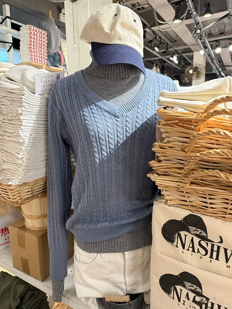 

Twisted Flower Solid Pullover Sweater Woman Autumn Long Sleeve V Neck Knitted Sweaters Vintage All-match Sweet Jumper Tops New