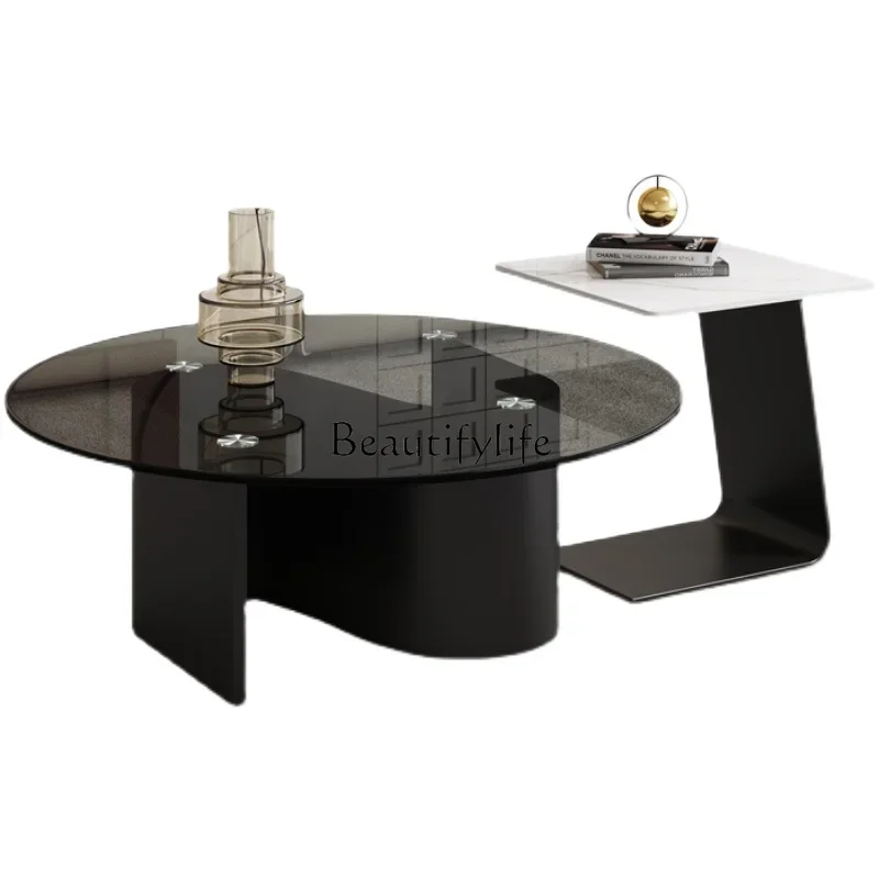 

N Tempered Glass round Tea Table Living Room Simple and Light Luxury Small Apartment Stone Plate Coffee Table Side Table