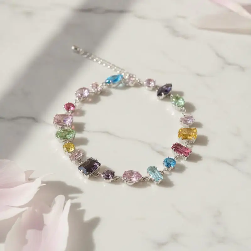 Funkelnde Bunte Kristallarmbänder für Frauen, Koreanische Zirkon-Metallkette, Partyschmuck, Valentinstagsgeschenk – Detail 3