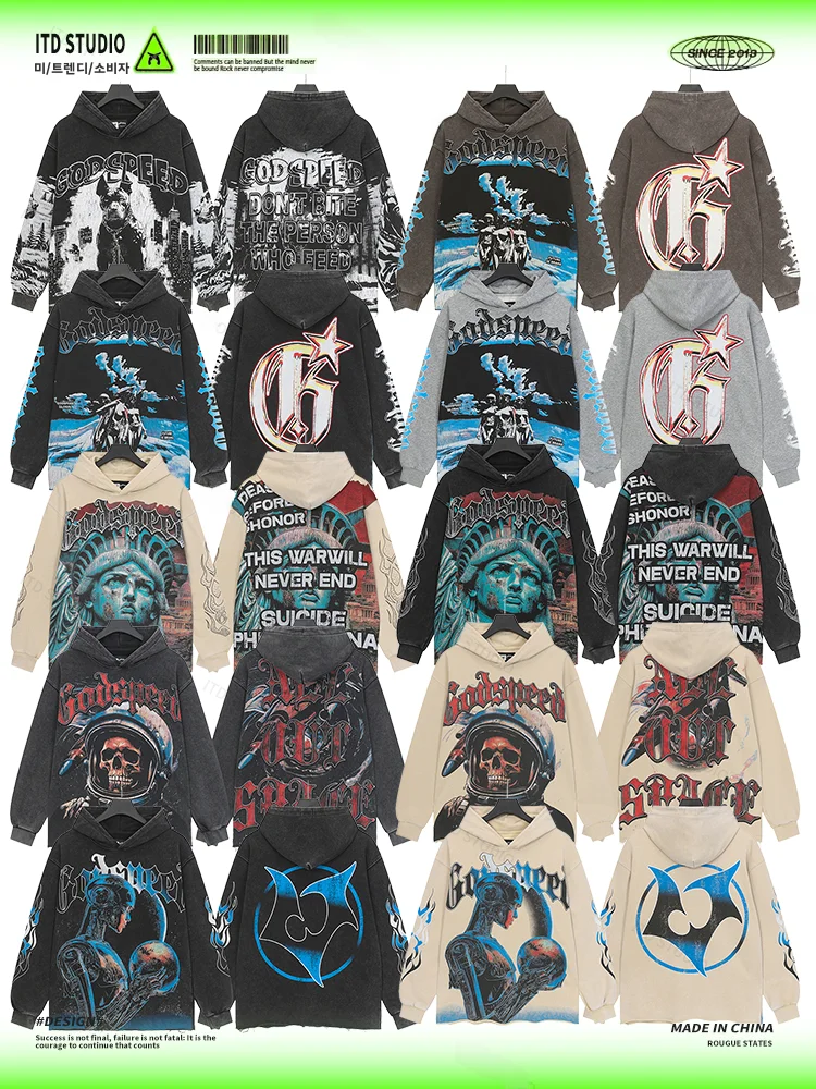 Premium Unisex Washed Vintage Street Style Hoodie with Rock Print – Long Sleeve Casual Outerwear for Men and Women