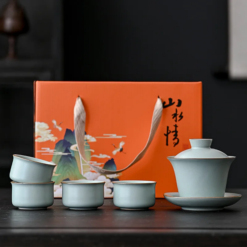 Luxus Ru Ofen Chinesische Gongfu Tee-Set Keramik Teekanne mit Tassen Geschenk Box Home Office Tee Zeremonie