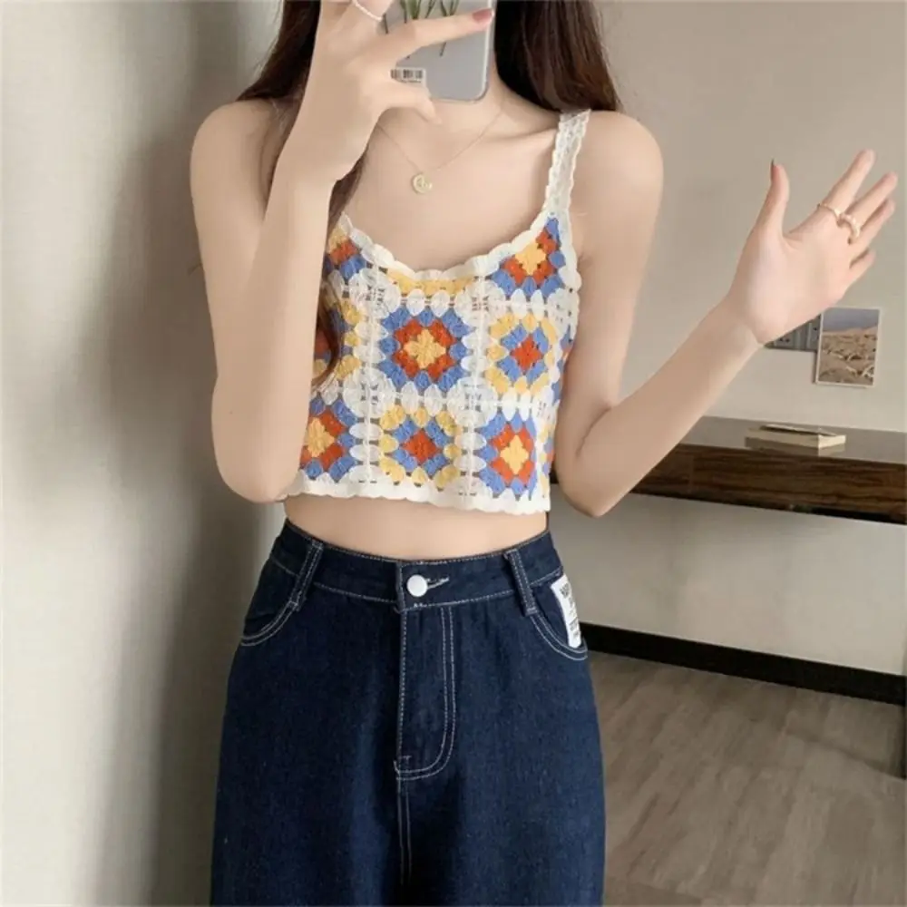 Comfortable Sleeveless Floral Print Slim Short Lattice Crochet Crop Tops Cotton Cardigan Embroidery Vest Female Camisole