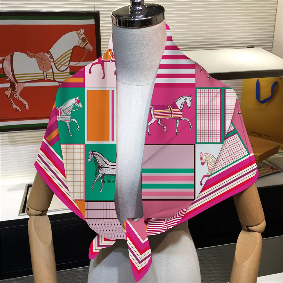 90x90cm New Design Horse Universe Printed Twill Silk Scarf Square Scarves Lady Wraps Kerchief Woman Neck Shawl Wraps Echarpes