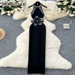 TWOTWINSTYLE Patchwork Diamonds Sexy Dresses For Women Round Neck Sleeveless High Waist Hollow Out Slim Dress Female KDR517429
