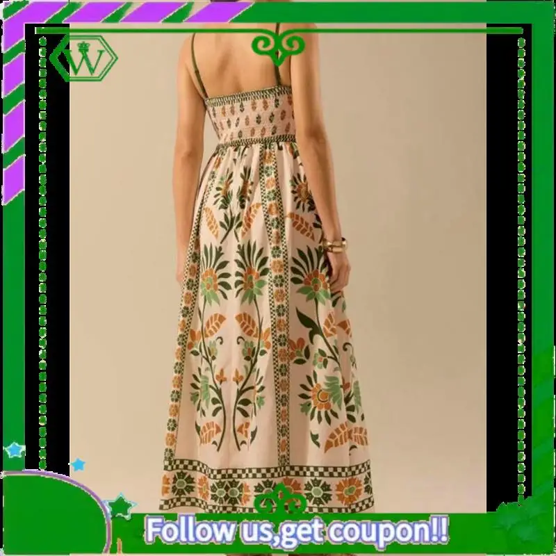 A18P-สตรี 2025 ฤดูร้อนดอกไม้Maxiชุดสปาเก็ตตี้พิมพ์Smocked Boho Beachชุดยาว