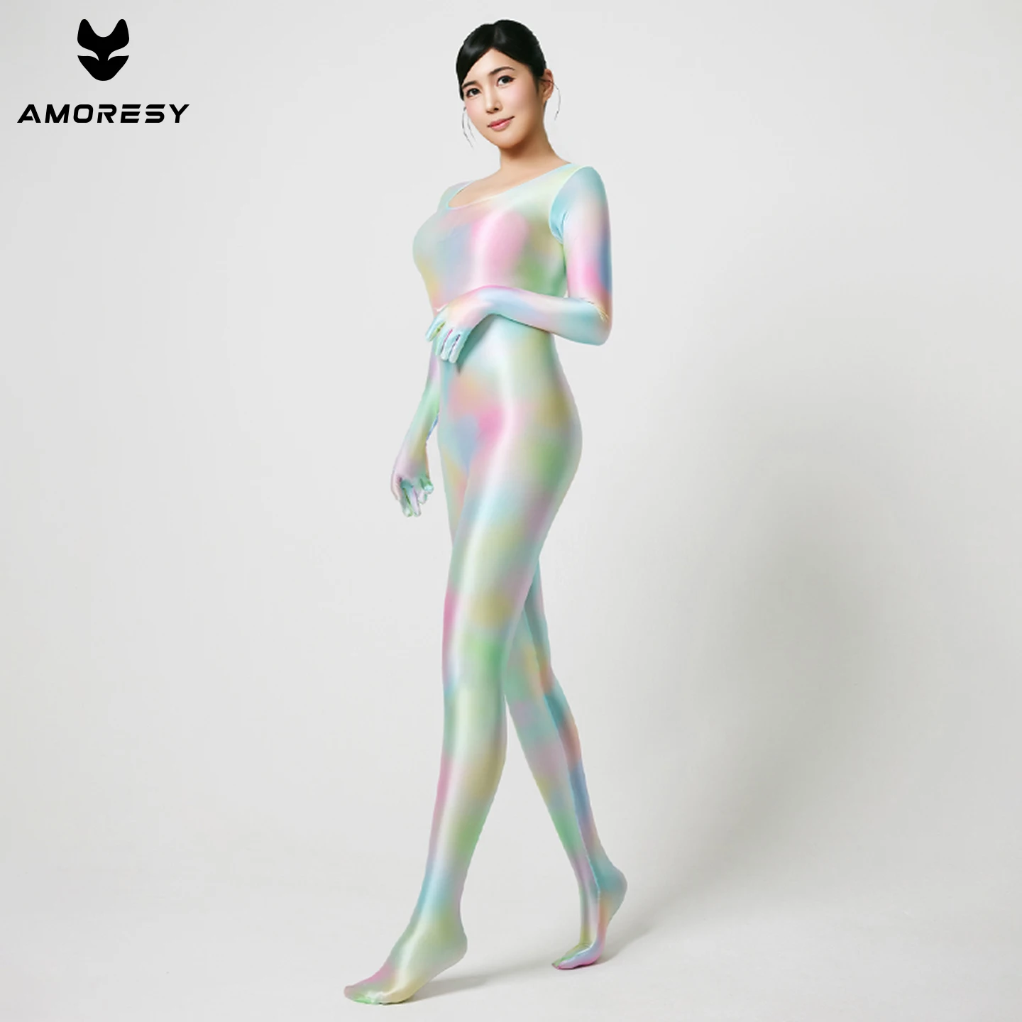 AMORESY Women Satin Oil Gloved and Footed Design Full-Body Catsuit One Piece Jumpsuit Round Neck Tights Cosplay Zentai Bodysuit view 5