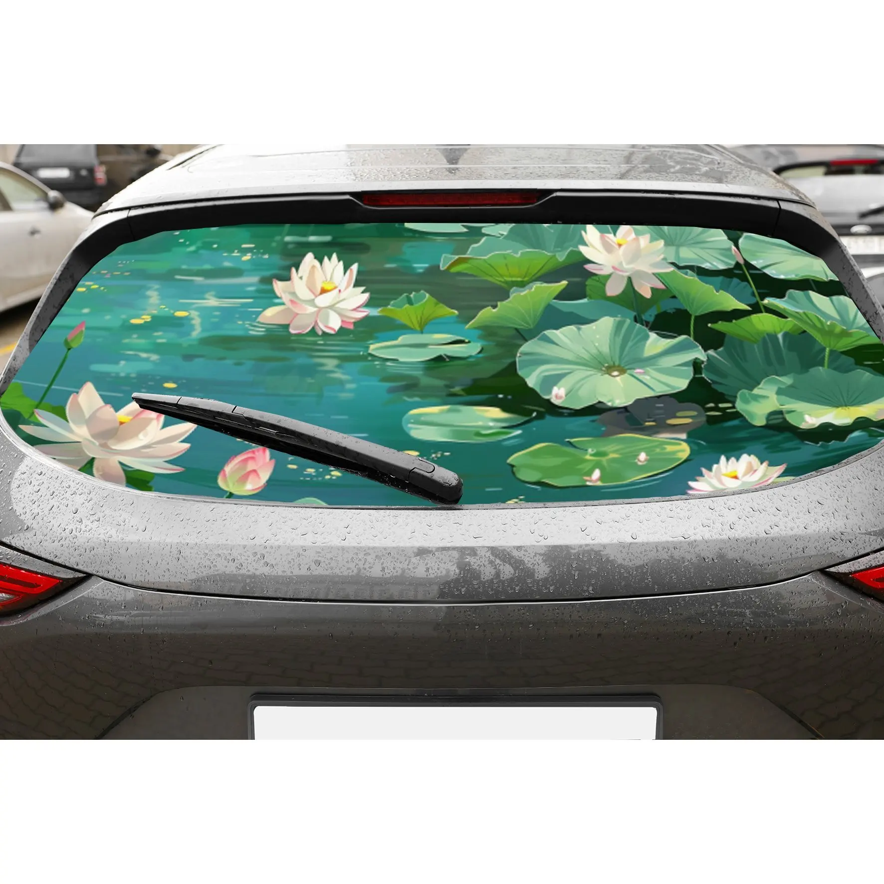 

Clear green lotus pond car rear window vinyl wraps sticker, auto art sticker, self-adhesive waterproof rear window decoration, g