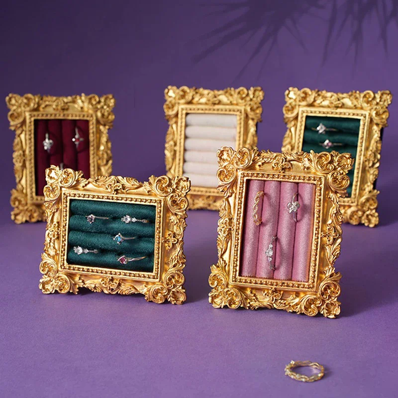 

Vintage Gold Ring Display Stand Suede Earring Tray Baroque Design Wedding & Birthday Gifts Velvet Organizer For Engagement Prop