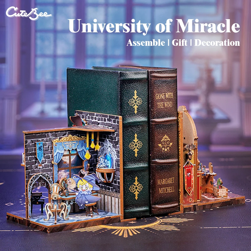 CUTEBEE 3D Bookends DIY Dollhouse Wooden Bookshelf Insert Book Nook Decoration 3D Puzzle for Gifts University of Miracle