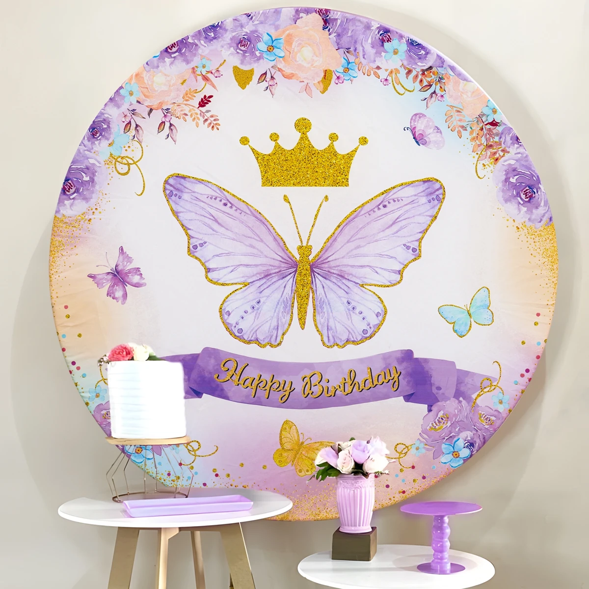 Purple Butterfly Birthday Party Round Backdrops Wedding Decorations Photo Booth Background Baby Shower Girl Backdrop Props