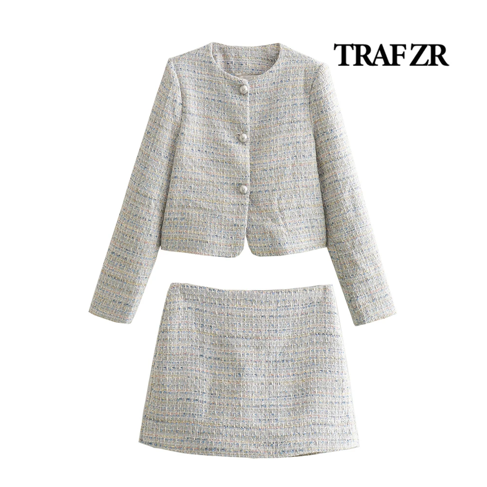 

TRAF ZR Elegant Chic Plaid 2-Piece Outfits Vacation Shorts Sets O-NECK Long Sleeve Blazer + Mini Shorts Skirts Side Hidden Zip