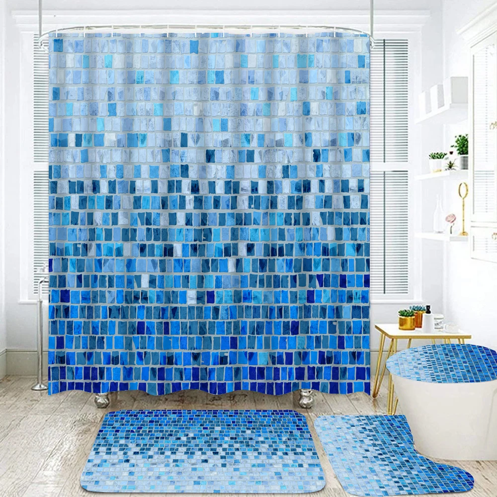 180*180cm Shower Curtain Blue Mosaic Printed Bathroom Curtains Set Bath Mats Rugs Toilet Lid Cover Anti-slip Pedestal Carpet