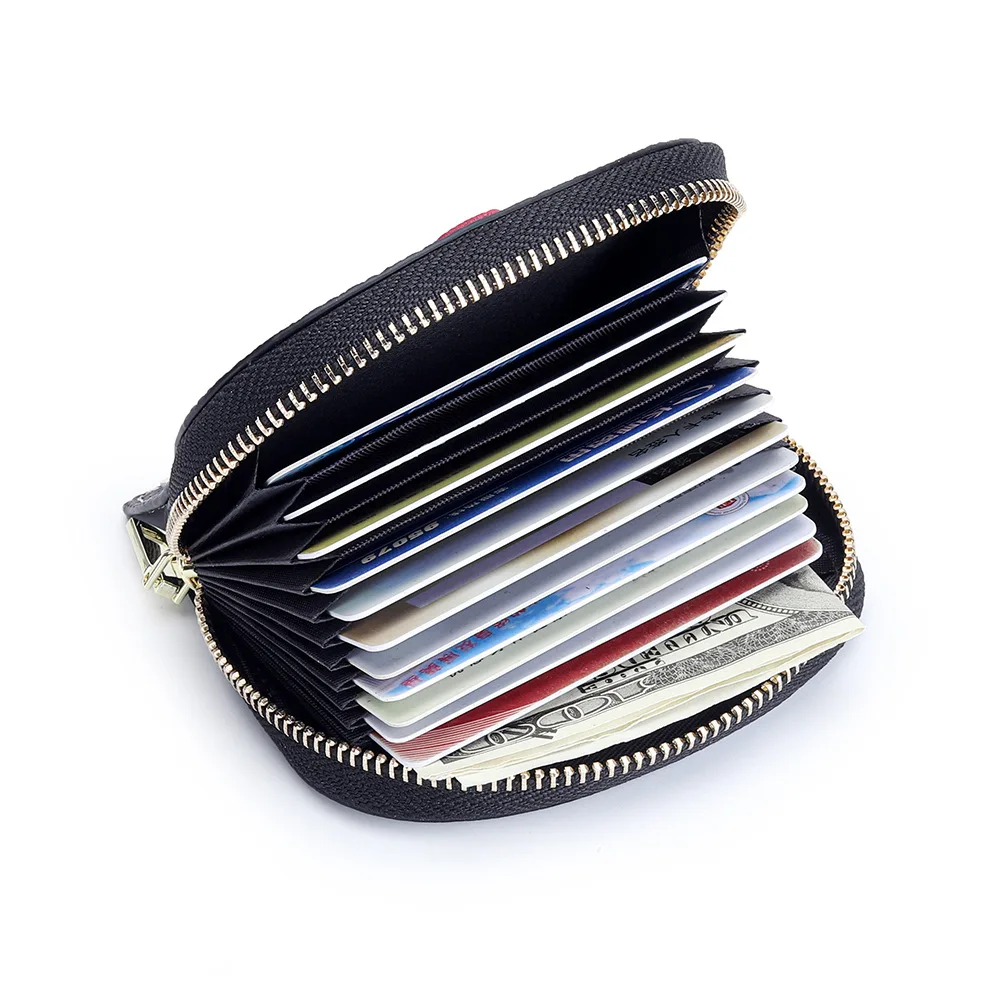 Tarjetero de cuero genuino con 10 ranuras, funda para tarjetas Unisex con patrón animal para hombres y mujeres, monedero compacto con cremallera