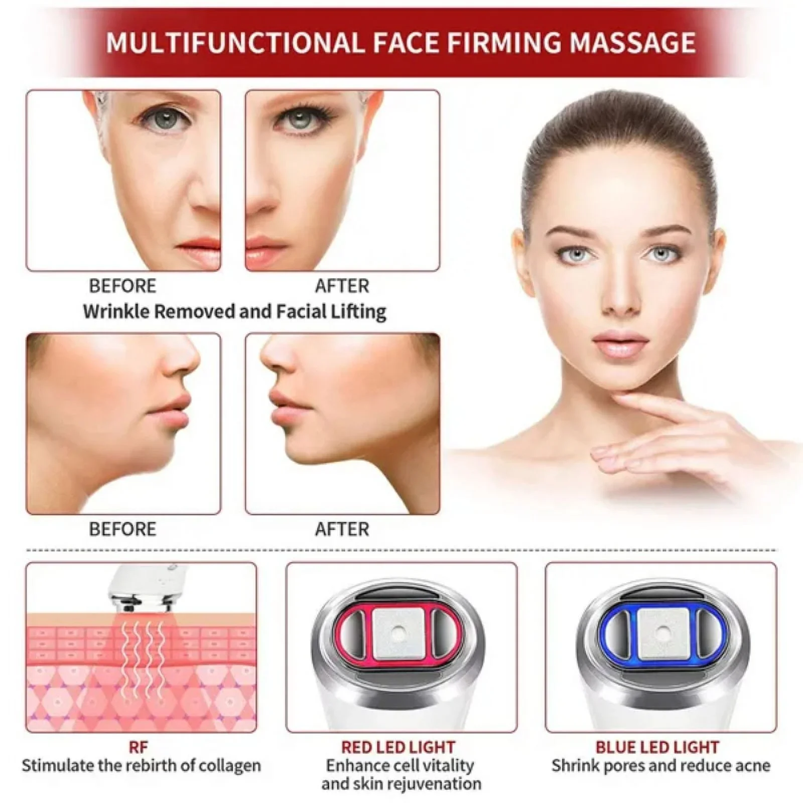 Wrinkles Removal Facial Massager LED Light therapy Sonic Ion Vibration Skin Tightening Face Lifting Beauty Device Skin Care Too