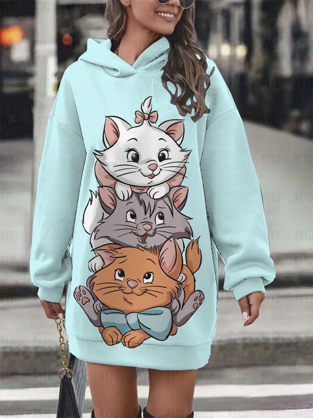 New Women\'s Hoodie Sweater Dress Disney Marie Cat Print Hooded Long Sleeve Dress Fashion Street Style Winter Clothing