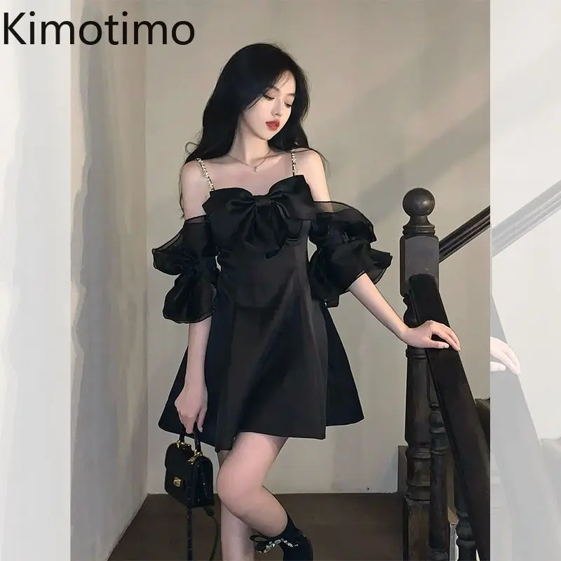 

Kimotimo Summer Bow Off Shoulder Y2k Black Dress Women French Sexy Sweet Spaghetti Strap Waist Slim A-line Party Short Dresses