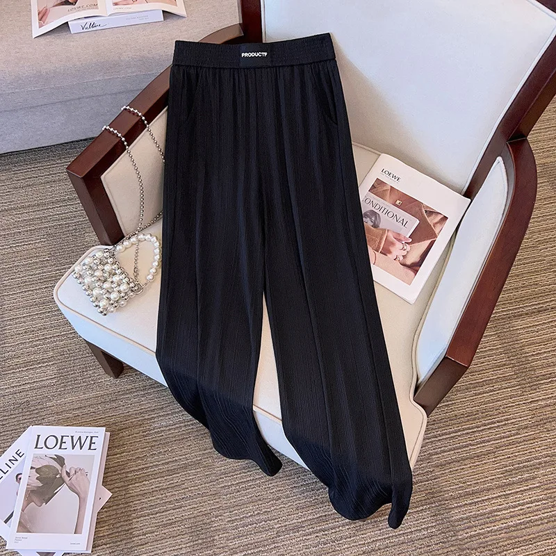 150Kg Plus Size Women\'s Hip 150-160 Summer Loose Straight Leg High Waisted Ice Silk Croppe Pants Black Pink 5XL 6XL 7XL 8XL 9XL