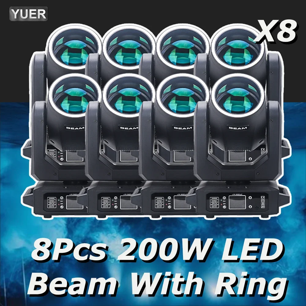 8Pcs 200W LED With Ring Beam Spot Moving Head Light With 18 Rotating Prism Rainbow Effect DMX512 Disco Party CLub Stage Lights